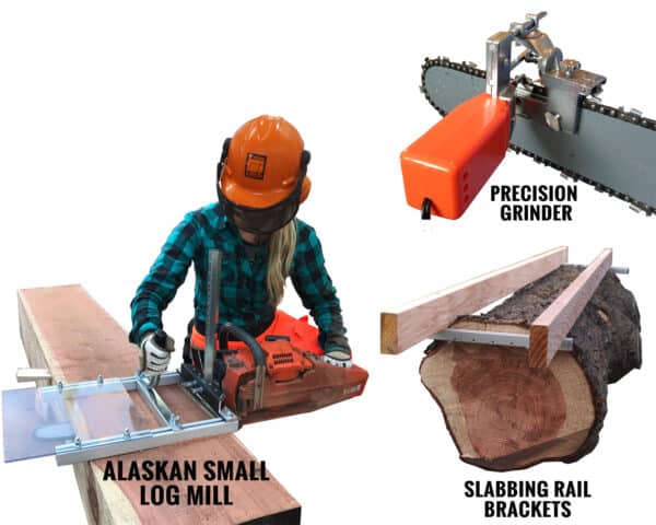 An Alaskan small log mill, a precision grinder, and slabbing rail brackets are displayed on a white background.