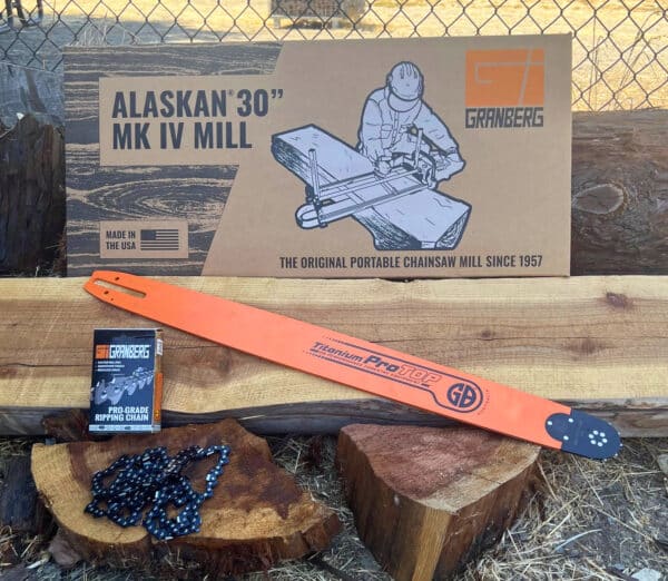 A 30" Alaskan small log mill, a Chainsaw Bar, and a Ripping Chain are displayed on the logs.