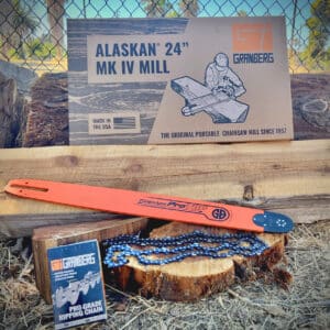 A 24" Alaskan small log mill, a Chainsaw Bar, and a Ripping Chain are displayed on the logs.