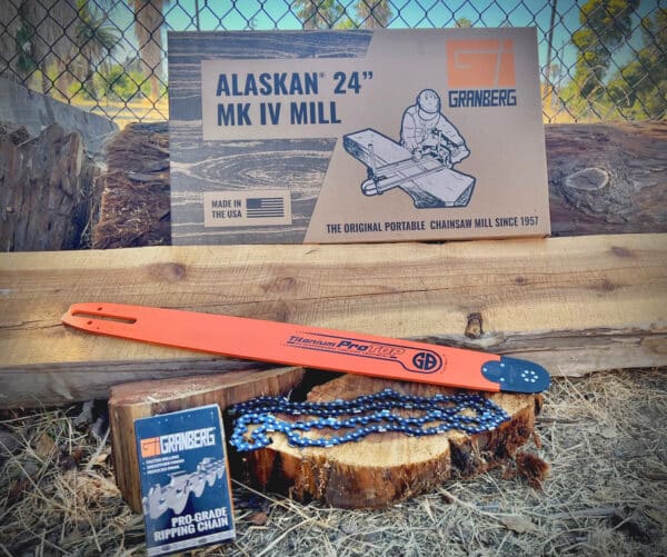 A 24" Alaskan small log mill, a Chainsaw Bar, and a Ripping Chain are displayed on the logs.