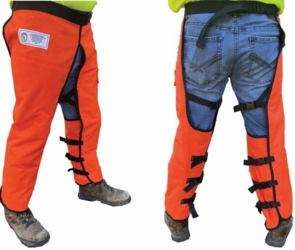 Orange Safety Chap (Long) wraps around a man's both legs.